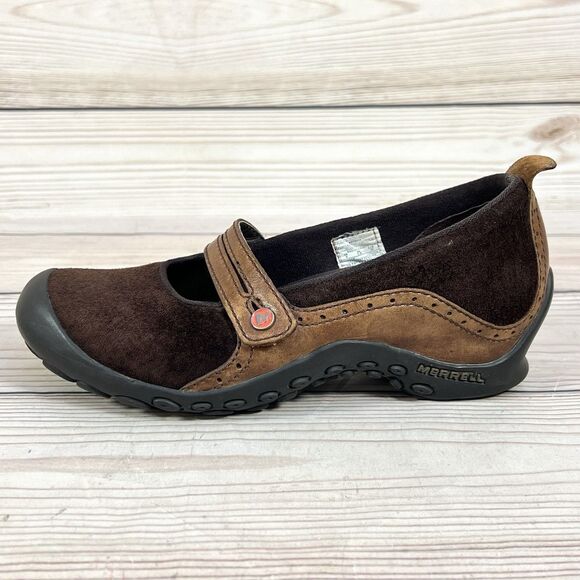 Merrell Plaza Bandeau Shoe Womens 6 Espresso Brown Suede Mary Jane Slip On Wedge - Picture 14 of 14